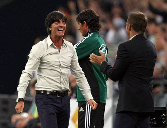 02.09.2011, Fussball EM-Qualifikationsspiel, Deutschland - Österreich, in Gelsenkirchen. Jubel Deutschland , v.l. Bundestrainer Joachim Löw (Deutschland) , Co-Trainer Hans-Dieter Flick (Deutschland)
