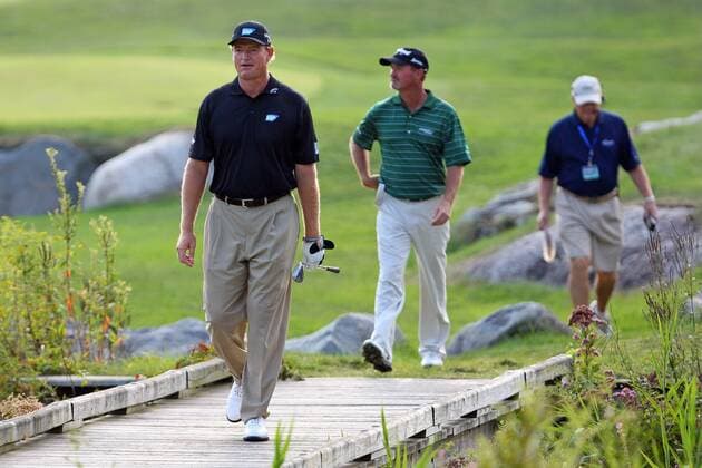 September 4, 2011: Ernie Els and Jerry Kelly walking across the eighteenth hole bridge during the third round of the Deutsche Bank Championship at TPC Boston in Norton, Massachusetts. GOLF 2011: Deutsche Bank Championship SEP 04 - ZUMAc04