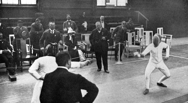 Jeno Fuchs (Hungary) and Nedo Nadi (Italy) winner of six fencing gold medals in the sabre event Olympic Games Stockholm 1912 !AUFNAHMEDATUM GESCHÄTZT! UnitedArchives0721843