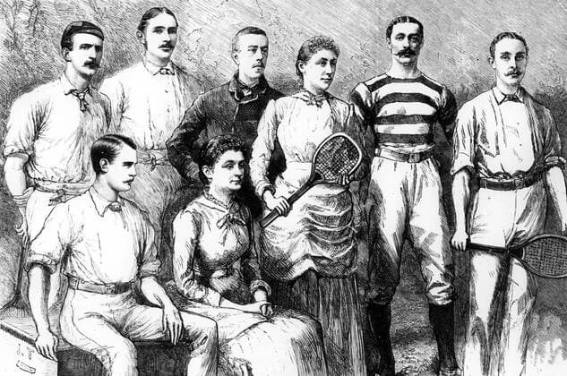 English Lawn-Tennis players (top row l-r) E. de S. H. Brownie, Rev. J. T. Hartley (champion 1879, 1880), C. W. Grinstead, Miss Maud Watson (lady champion) , H. F. Lawford (Irish Champion, Winner of Wimbledon Gold Prize, 1884), W. Renshaw (Champion 1881, 1882, 1883, 1884) - (bottom row l-r) E. Renshaw (winner of Wimbledon Gold Prize 1882, 1883), Miss Watson. !AUFNAHMEDATUM GESCHÄTZT! UnitedArchives1108211