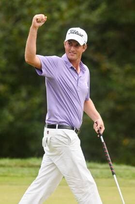 Sept. 5, 2011 - Norton, Massachusetts, U.S - Webb Simpson pumps his fist after making the putt for birdie on the 18th hole during the final round at the Deutsche Bank Championship at the TPC Boston. Simpson won the tournament after 2 playoff holes. He finished the weekend at 15 under par and currently is in first place in the FedEx Cup standings. PGA Golf Herren 2011 - Sept 5 - Deutsche Bank Championship - Final Round - ZUMAq39
