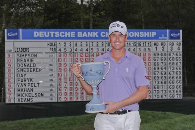 Sept. 5, 2011 - Norton, Massachusetts, U.S - Webb Simpson poses in front of the leaderboard with the Championship Trophy after winning the Deutsche Bank Championship at the TPC Boston. PGA Golf Herren 2011 - Sept 5 - Deutsche Bank Championship - Final Round - ZUMAq39 o0 Siegerehrung Sieg Objekte Pokal Trophäe Leaderboard