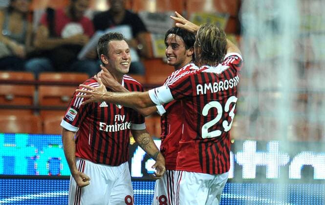 Antonio Cassano, Alberto AQUILANI, Massimo AMBROSINI (Milan) 9 9 2011 Stadio Giuseppe Meazza Serie A 2011 2012 Football, AC Mailand vs Lazio Rom - allexsabba