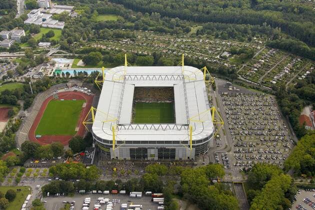 Luftbild, Westfalenstadion, SignalIdunapark, BVB, Borussia Dortmund, Bundesliga, Luftbild, Aerial, Dortmund, Nordrhein-Westfalen, Deutschland, !ACHTUNGxMINDESTHONORARx60xEURO! o0 Vogelperspektive totale Stadion Sportstätte Umgebung Umfeld Stadionumgebung Stadionumfeld