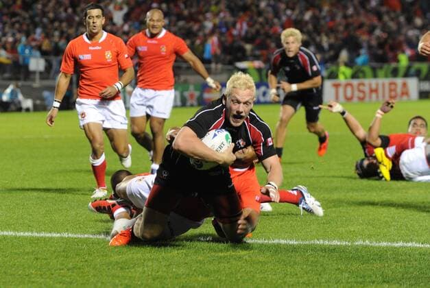 Rugby Union - Rugby World Cup 2011 -Tonga v Canada Phil MacKenzie - Canada goes over for the winning try. 