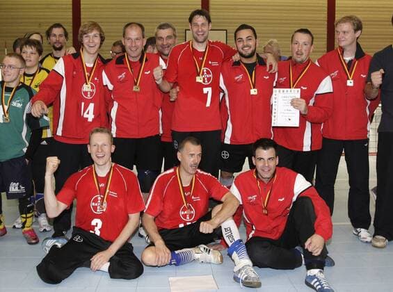 Team Leverkusen celebrate the victory about Leipzig after the final match of the German Sitting Volleyball between TSV Bayer 04 Leverkusen and Leipzig, Fritz-Jacobi-Anlage in Leverkusen on September 18., 2011. Deutsche Meisterschaften im Sitzvolleyball in Leverkusen am 18. September 2011.