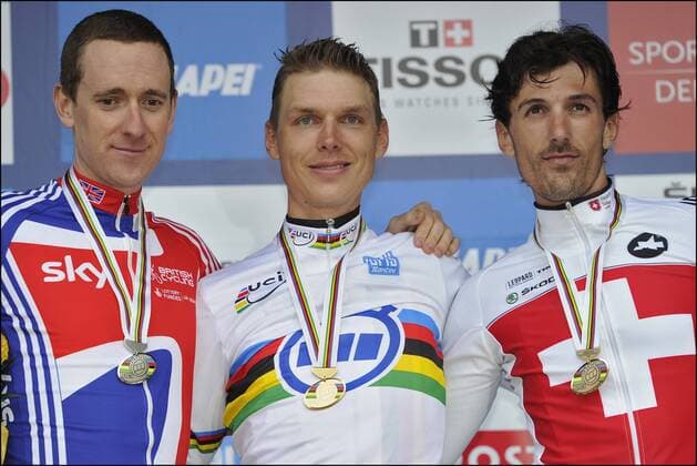 Bradley Wiggins (GBR) Sky - Tony Martin (GER) HTC-HIGHROAD - Fabian Cancellara (SUI) Leopard Trek RAD WM 2011 in Kopenhagen - Zeitfahren xPhotoNewsxPanx  o0 Sieg Siegerehrung Gold Medaille Goldmedaille Weltmeister