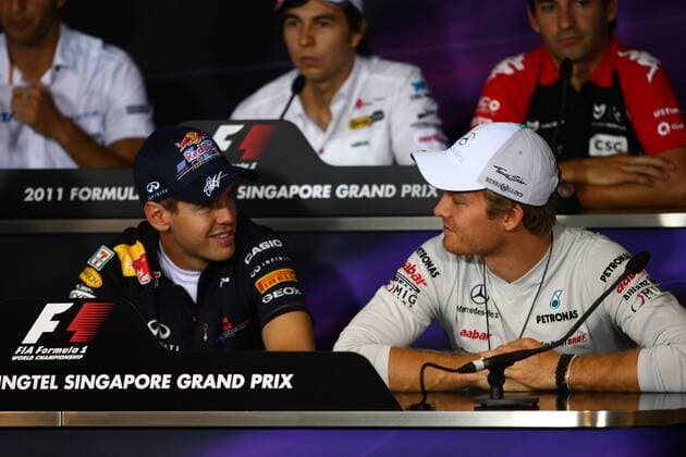 22.09.2011- Press conference, Sebastian Vettel (GER), Red Bull Racing, RB7 and Nico Rosberg (GER), Mercedes GP Petronas F1 Team, MGP W02 Singapore Grand Prix, Singapore 2011 