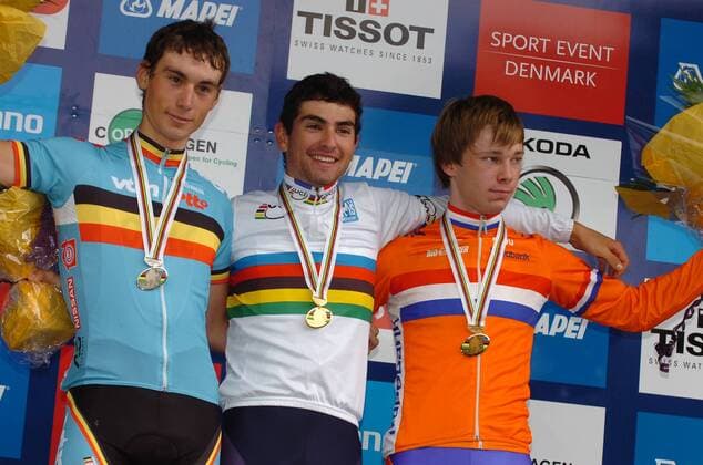2011, World Championships Junior Men, Weltmeister Pierre Henri Lecuisinier (FRA), Martijn Degreve (BEL), Steven Lammertink (NED), Rudersdal  o0 Siegerehrung Sieg, Sieger