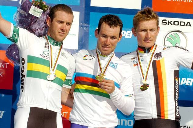 World Championships 2011. Elite; Weltmeister Mark Cavendish (GBR Htc High Road) siegt vor Matthew Harley Goss (AUSTRALIEN Htc - High Road, L) und ANDRE GREIPEL (GER Omega Pharma Lotto 2011, R), Rudersdal  o0 Siegerehrung Sieg, Sieger