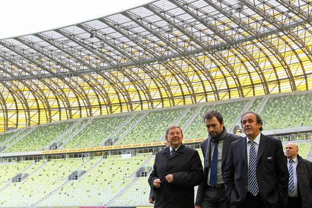 STADION MIEJSKI - PGE ARENA - Official UEFA Visit to the Euro 2012 stadium - Pictured: RYSZARD TRYKOSKO (L), MICHEL PLATINI (UEFA PRESIDENT) (R)  20111011CSLG0007