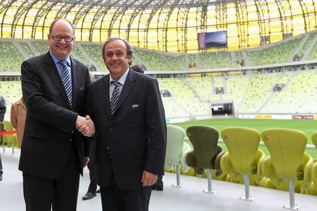 STADION MIEJSKI - PGE ARENA - Official UEFA Visit to the Euro 2012 stadium - Pictured: President of Lechia Gdansk PAWEL ADAMOWICZ (L), MICHEL PLATINI (UEFA PRESIDENT) (R)  20111011CSLG0013