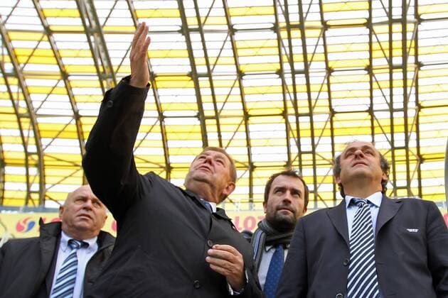 STADION MIEJSKI - PGE ARENA - Official UEFA Visit to the Euro 2012 stadium - Pictured: RYSZARD TRYKOSKO (L), MICHEL PLATINI (UEFA PRESIDENT) (R)  20111011CSLG0003