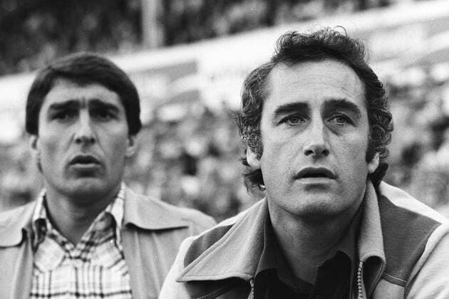 Aus 1. BL Saison 1979 1980 - Braunschweig - Werder Bremen - Trainerbank mit Trainer Hans Tilkowski re. und Manager Rudolf Assauer. Funktionär