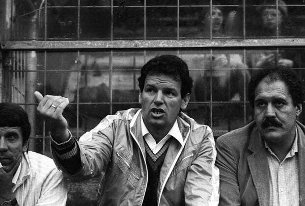 Fußball, Trainerhistorie FC 08 Homburg von 1957 bis heute Trainer Siegfried Melzig (li.) im Gespräch mit Vorstandsmitglied Udo Geitlinger (beide FC 08 Homburg) Aufnahmedatum geschätzt