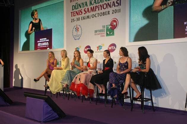 ISTANBUL, Turkey - The eight competitors at the TEB BNP Paribas WTA Tennis Damen Championships were split into their two round robin groups at the official draw ceremony Sunday night, with play set to begin at the 4.9-million-dollar year-end finale on Tuesday. 23.10.2011 Pictured, L-R: Caroline Wozniacki of Denmark, Maria Sharapova of Russia, Petra Kvitova of the Czech Republic, Na Li of China, Vera Zvonareva of Russia, Samantha Stosur of Australia, Agnieszka Radwanska of Poland. 