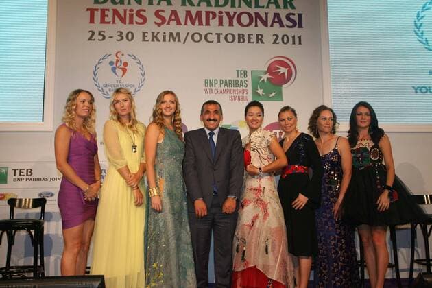 ISTANBUL, Turkey - The eight competitors at the TEB BNP Paribas WTA Tennis Damen Championships were split into their two round robin groups at the official draw ceremony Sunday night, with play set to begin at the 4.9-million-dollar year-end finale on Tuesday. 23.10.2011 Pictured, L-R: Caroline Wozniacki of Denmark, Maria Sharapova of Russia, Petra Kvitova of the Czech Republic, Na Li of China, Vera Zvonareva of Russia, Samantha Stosur of Australia, Agnieszka Radwanska of Poland.  o0 krux