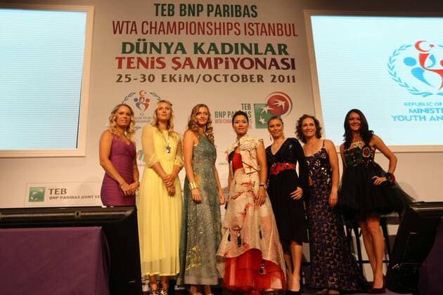 ISTANBUL, Turkey - The eight competitors at the TEB BNP Paribas WTA Tennis Damen Championships were split into their two round robin groups at the official draw ceremony Sunday night, with play set to begin at the 4.9-million-dollar year-end finale on Tuesday. 23.10.2011 Pictured, L-R: Caroline Wozniacki of Denmark, Maria Sharapova of Russia, Petra Kvitova of the Czech Republic, Na Li of China, Vera Zvonareva of Russia, Samantha Stosur of Australia, Agnieszka Radwanska of Poland. 