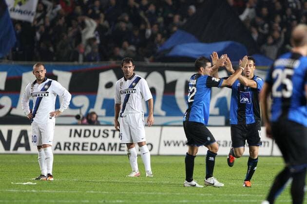 German Denis Celebration, frustration of Wesley Sneijder and Dejan Stankovic - Bergamo 26 10 2011 Stadio Atleti Azzuri d Italia Football Serie A 2011-12 Atalanta Bergamo vs Inter Milano paoloxnucci
