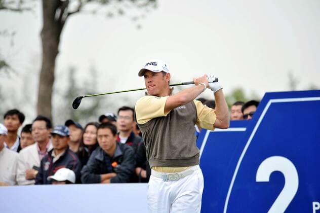 Lee Westwood of England tees off during the Lake Malaren Shanghai Masters golf tournament in Shanghai, China, 27 October 2011.  20111027_37663