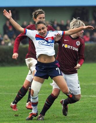 Sandrine Bretigny of Lyon (front) celebrates goal during the match of the UEFA Women s Champions League Sparta Praha vs Lyon played in Prague on Thursday, November 3, 2011. (CTKxPhoto StanxPeska)  CTKPhoto882201111030895301