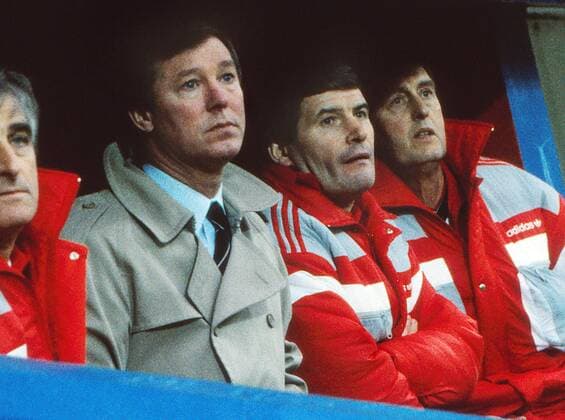 Alex Ferguson (Man Utd Manager) and Archie Knox (coach) - centre. Charlton Athletic v Manchester United, 07 02 1987. Football 
