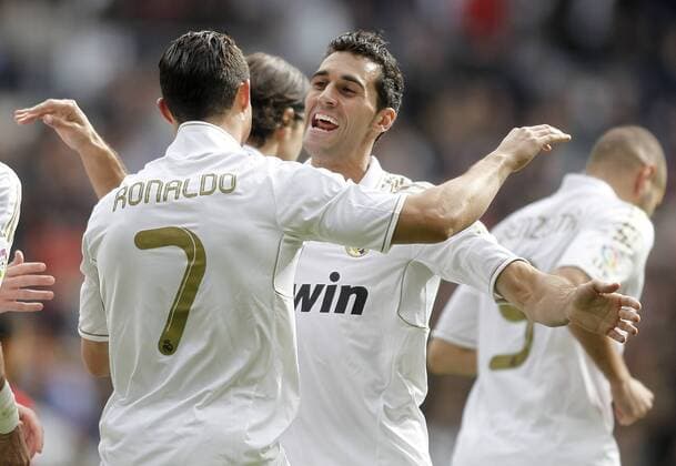 Real Madrid s Cristiano Ronaldo celebrates with Alvaro Arbeloa during La Liga Match. November 06, 2011.  (201111069414)