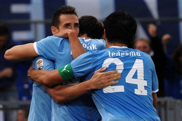 Miroslav KLOSE, Giuseppe SCULLI, Libor KOZAK e Cristian LEDESMA goal celebration - Roma, 6 11 2011 - Stadio Olimpico - Serie A 2011 2012 - Lazio Roma vs FC Parma - andreaxstaccioli