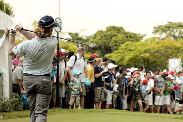 12.11.2011. Singapore. Miguel Angel Jimenez(ESP) tees off from hole 1 during Round 3 of the Barclays Singapore Open 2011, Sentosa Golf Club. xDanielxSweex  ActionPlus20111135 Content restricted for UK based newspaper