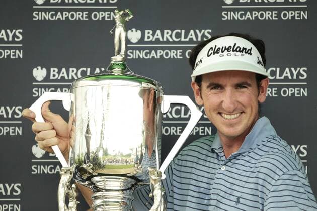 14.11.2011. Singapore. Gonzalo Fernandez Castano (ESP) poses with the Barclays Singapore Open 2011 trophy. Sentosa Golf Club. xDanielxSweex  ActionPlus20203602 Content restricted for UK based newspaper