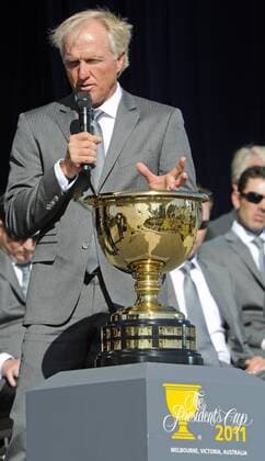 16.11.2011, Melbourne Australia. The Presidents Cup. Greg Norman address the crowd during The Opening Ceremony with the cup. America verse the rest of the world except Europe played at the Royal Melbourne Golf Club. xPeterxBlakemanx  ActionPlus20111823 o0 President s
