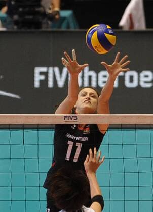Christiane Fürst of Germany defenses during the match against Japan at the FIVB Women s World Cup 2011 in Tokyo, Japan, on Nov. 17, 2011. Japan won 3-2 - 