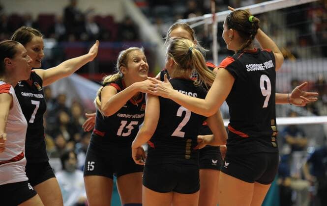 Margareta Ann Kozuch (Germany, 3L) celebrate after scoring during the match against Japan at the FIVB Women s World Cup 2011 in Tokyo, Japan, on Nov. 17, 2011. Japan won 3-2 - 