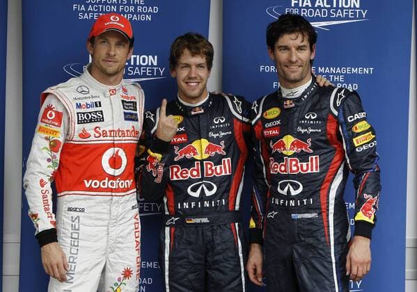 Motorsports: FIA Formula One World Championship 2011, Grand Prix of Brazil, 04 Jenson Button (GBR, Vodafone McLaren Mercedes), 01 Sebastian Vettel (GER, Red Bull Racing), Qualifying, 02 Mark Webber (AUS, Red Bull Racing), xHOCHxZWEIx