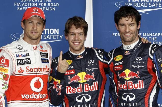Motorsports: FIA Formula One World Championship 2011, Grand Prix of Brazil, 04 Jenson Button (GBR, Vodafone McLaren Mercedes), 01 Sebastian Vettel (GER, Red Bull Racing), 02 Mark Webber (AUS, Red Bull Racing), xHOCHxZWEIx