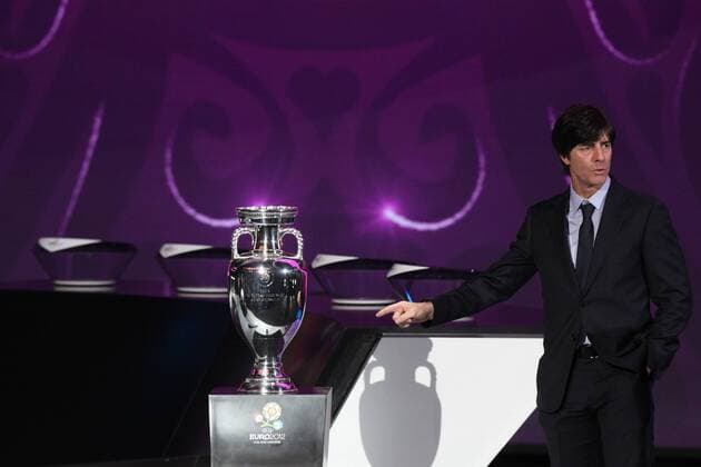 02.12.2011, Kiew - Auslosung zur UEFA EURO 2012 - Trainer der Gruppe B EURO 2012 - JOACHIM LÖW (GER) zeigt optimistisch auf den Pokal --  20111202CSLG0033