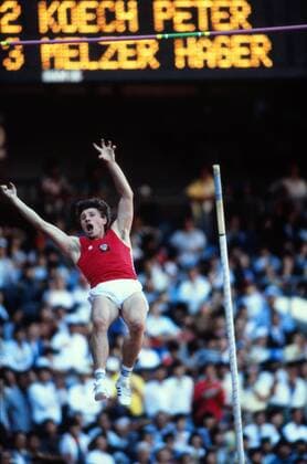 Athletics : Seoul Olympics 1988 Mens Pole vault Final .28 09 1988 Sergei Bubka - Russia celebrates with his vital clearance. 