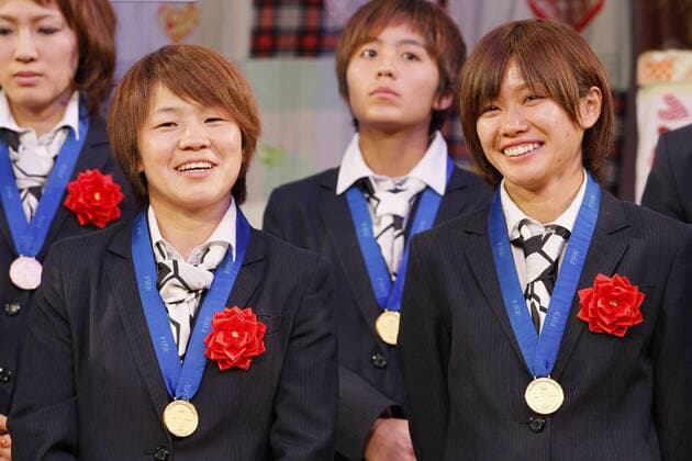 Aya Miyama (JPN), Nahomi Kawasumi (JPN), DECEMBER 27, 2011 - Football Soccer : Aya Miyama and Nahomi Kawasumi of Japan attend Celebration party for FIFA Women s World Cup Champion at Tokyo Dome City in Tokyo, Japan.  (qdwa021965)