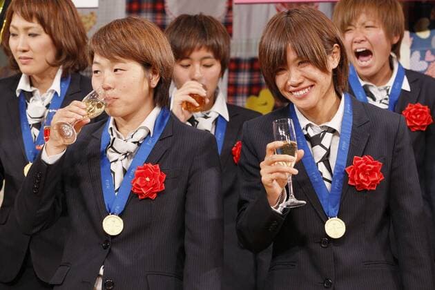 Aya Miyama (JPN), Nahomi Kawasumi (JPN), DECEMBER 27, 2011 - Football Soccer : Aya Miyama and Nahomi Kawasumi of Japan attend Celebration party for FIFA Women s World Cup Champion at Tokyo Dome City in Tokyo, Japan.  ( qdwa021973)