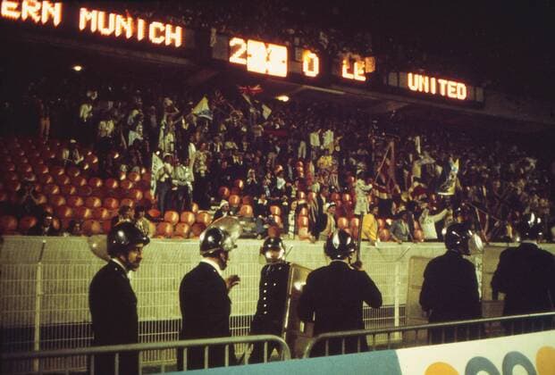 Violence breaks out at the Leeds fans end as riot Police move into the ground. Bayern Munich v Leeds United. The European Cup Final 1975 in Paris. 28 05 75. 