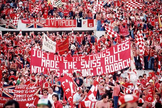 Liverpool Fans with the Joey Jones banner Joey ate the Frogs legs . European Cup Final 1977. 25 05 1977. Rome. 