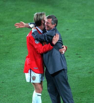 United Celebrations : Alex Ferguson with David Beckham. Manchester United 2:1 Bayern Munich, Champions League Cup Final, 26 05 1999. Barcelona. 