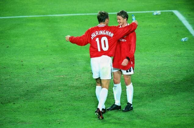 United Goalscorers: Ole Solskjaer, scorer of the winner for United, celebrates with other goalscorer, Teddy Sheringham. Manchester United v Bayern Munich, Champions League Cup Final; 26 05 1999; Barcelona. 