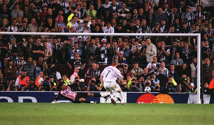 Andriy Shevchenko scores the winning penalty in the penalty shoot out for Milan. AC Milan v Juventus, Champions League Final, Old Trafford, Manchester, 28 05 2003. 