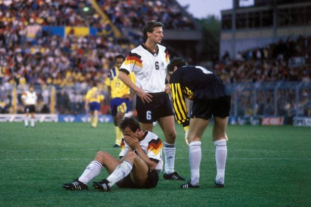v.li. Jürgen Kohler, Guido Buchwald und Torwart Bodo Illgner (alle Deutschland)