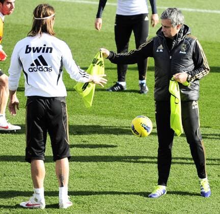 Real Madrid - Granada Liga ( Primera Division) Matchday 18 - 06 01 2012 - Valdebebas - Madrid - Spain Real Madrid training in Alfredo Di Stefano stadium, Jose Mourinho, coach of Real Madrid, and Sergio Ramos 