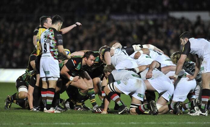06.01.2012. Northampton, England. Aviva Premiership Rugby. Paul Doran Jones of Northanpton Saints prepars to scrum during Northampton Saints vs Harlequins round 13 of the Aviva Premiership at Franklin s Gardens, Northampton, England xMichaelxPalerx  ActionPlus11231040