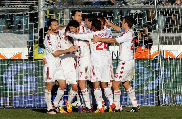 ZLATAN IBRAHIMOVIC (Milan) GOAL CELEBRATION Bergamo 08 01 2012 Stadio Atleti Azzurri d Italia Serie A 2011 2012 Football Calcio, Atalanta Bergamo vs AC Mailand. allexsabba