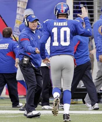 New York Giants Eli Manning reacts with head coach Tom Coughlin after throwing a 72 yard touchdown pass in the third quarter against the Atlanta Falcons in the NFC Wild Card Game at MetLife Stadium in East Rutherford, New Jersey on January 8, 2012. The Giants defeated the Falcons 24-2 and will play the Green Bay Packers for a chance to advance to the NFC Championship game. UPI John Angelillo  NYP20120108121