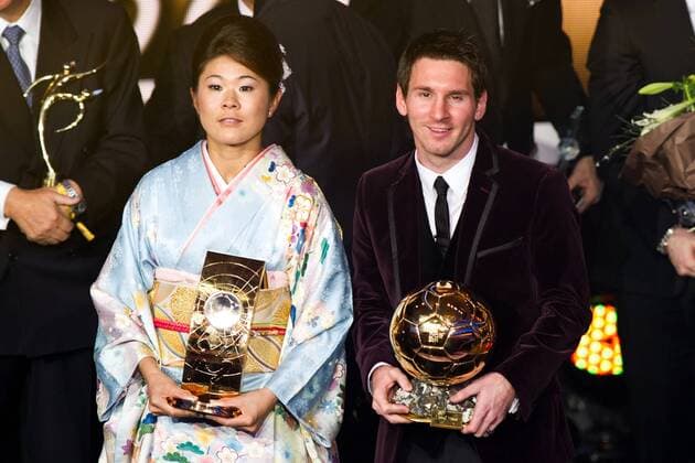 (L-R) Womens World Football Player of the Year Homare Sawa (Japan), World Football Player Lionel Messi (FC Barcelona Barca), JANUARY 9, 2012 - Football Soccer : Homare Sawa (Japan) with the FIFA Women s World Player of the Year trophy and Lionel Messi (FC Barcelona Barca), FIFA World Player of the Year with the FIFA Ballon d Or trophy during the during the FIFA Ballon d Or 2011 Gala at Kongresshaus in Zurich, Switzerland.  ( bxlb034559)